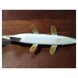 Signed wood fish decoy with metal fins