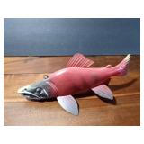 Signed wood fish decoy with metal fins