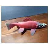 Signed wood fish decoy with metal fins