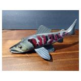 Signed wood fish decoy with metal fins