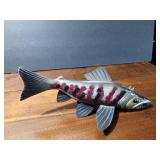 Signed wood fish decoy with metal fins