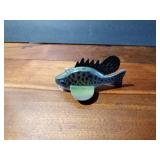 Signed wood fish decoy with metal fins by Paul E. Mohl
