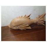 2 Hand-carved wood fish sculptures with initials on bottom