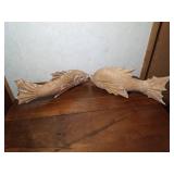 2 Hand-carved wood fish sculptures with initials on bottom