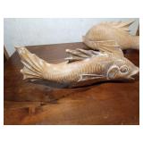 2 Hand-carved wood fish sculptures with initials on bottom
