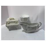 Bisque Piano Music Box, Milk Glass Goblet, Johnson Bros England Gravy Boat