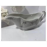 Bisque Piano Music Box, Milk Glass Goblet, Johnson Bros England Gravy Boat