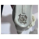 Bisque Piano Music Box, Milk Glass Goblet, Johnson Bros England Gravy Boat