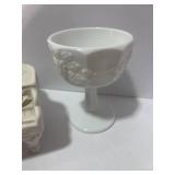 Bisque Piano Music Box, Milk Glass Goblet, Johnson Bros England Gravy Boat