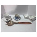 Adderly Sugar and Creamer, R Albert Cup and Saucer, R. Crowford Cup and Saucer and Serving Fork