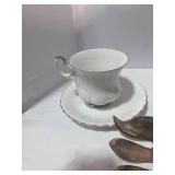 Adderly Sugar and Creamer, R Albert Cup and Saucer, R. Crowford Cup and Saucer and Serving Fork