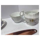 Adderly Sugar and Creamer, R Albert Cup and Saucer, R. Crowford Cup and Saucer and Serving Fork
