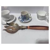 Adderly Sugar and Creamer, R Albert Cup and Saucer, R. Crowford Cup and Saucer and Serving Fork