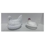 Two Milk Glass Hen on Nest 6" and 5"