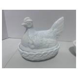 Two Milk Glass Hen on Nest 6" and 5"