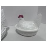 Two Milk Glass Hen on Nest 6" and 5"