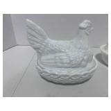 Two Milk Glass Hen on Nest 6" and 5"