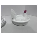 Two Milk Glass Hen on Nest 6" and 5"