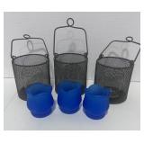 3 Votive Lanterns and 2 Blue Votive Holders