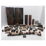 Large Lot of Antique Type Setters Blocks Wood and Metal