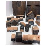 Large Lot of Antique Type Setters Blocks Wood and Metal