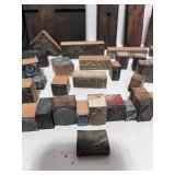 Large Lot of Antique Type Setters Blocks Wood and Metal
