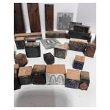 Large Lot of Antique Type Setters Blocks Wood and Metal