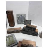 Large Lot of Antique Type Setters Blocks Wood and Metal