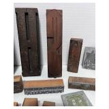 Large Lot of Antique Type Setters Blocks Wood and Metal