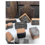 Large Lot of Antique Type Setters Blocks Wood and Metal