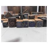 Large Lot of Antique Type Setters Blocks Wood and Metal