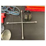 Automotive Tool and Accessory Lot with Impact Wrench, Jump Cables, Lug Wrench, and Funnels
