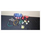 Office and Packaging Supplies Lot with Tape Dispensers, Tape Rolls, Bungee Cords, USB Cables, and Patriotic Bowl