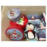 Holiday and Winter Themed Tin Collection with Metal Cookware and Plastic Container