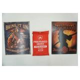 Firemen Brotherhood Metal Signs (2ct) & Prepared Hero Emergency Fire Blanket