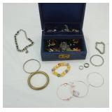 Vintage Blue Leather Fleur-de-lis Pattern Jewelry Box & Costume Jewelry