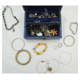 Vintage Blue Leather Fleur-de-lis Pattern Jewelry Box & Costume Jewelry