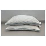 Set of 2 White Quilted Bed Pillows with Blue Piping - used condition