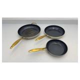 Set of 3 GreenPan Nonstick Fry Pans with Gold Handles - used condition