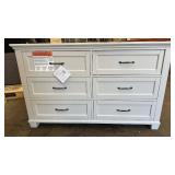 6 Drawer Dresser in White Finish with Damaged Corner, one drawer stuck in place