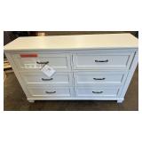 6 Drawer Dresser in White Finish with Damaged Corner, one drawer stuck in place
