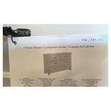 6 Drawer Dresser in White Finish with Damaged Corner, one drawer stuck in place