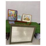 Mirror, Artwork & Wood Shelves