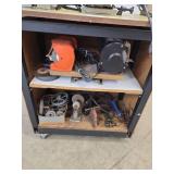 Lot of Bench Grinders, Buffers, and Pulley Parts on Rolling Cabinet