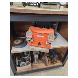 Lot of Bench Grinders, Buffers, and Pulley Parts on Rolling Cabinet