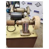 Lot of Bench Grinders, Buffers, and Pulley Parts on Rolling Cabinet