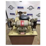 Lot of Bench Grinders, Buffers, and Pulley Parts on Rolling Cabinet