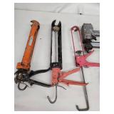 Mixed Lot of Caulking Guns, Tape Measures, Stanley Hand Saw, and Pneumatic Tools
