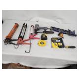 Mixed Lot of Caulking Guns, Tape Measures, Stanley Hand Saw, and Pneumatic Tools