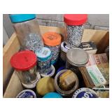 Large Mixed Lot of Assorted Nails, Screws, Bolts, and Fasteners in Jars and Boxes